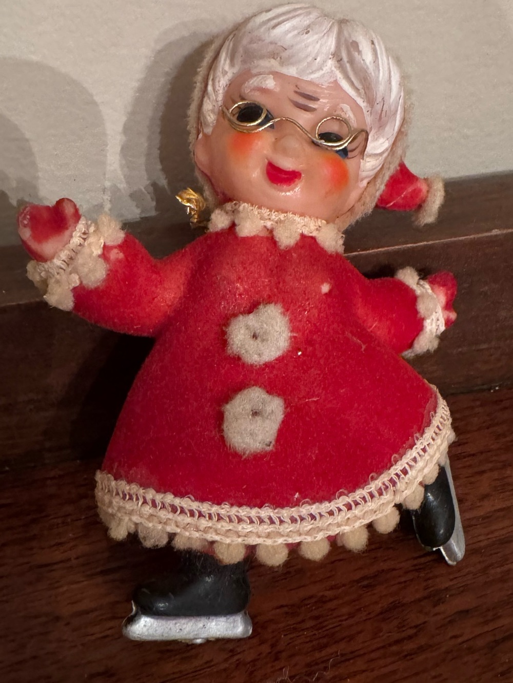 Vintage 50s 60s Flocked Mrs. Claus Skating Ornament